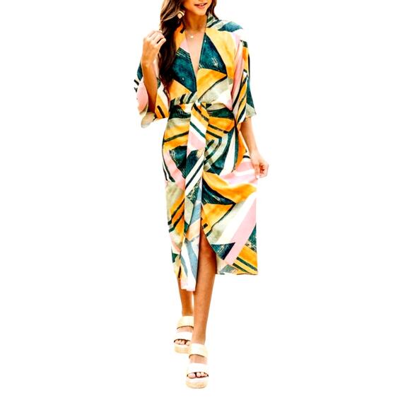 Entro Women's Medium Multicolor Vintage Resort Green Abstract V-Neck Midi Dress - Picture 2 of 7
